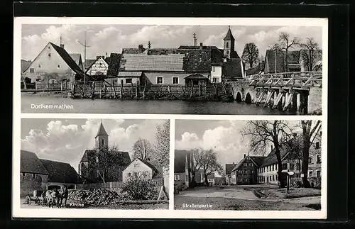 AK Dorfkemmathen, Strassenpartie, Kirche mit Fuhrwerk