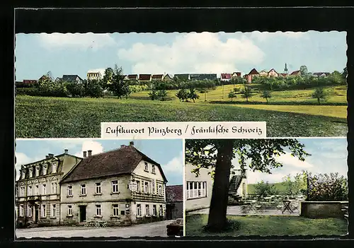 AK Pinzberg, Hotel zur schönen Aussicht G. Kern mit Garten, Ortspanorama