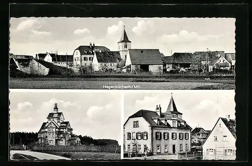 AK Hagenbüchach /Mfr., Ortspartie, Turmvilla, Panorama des Ortes