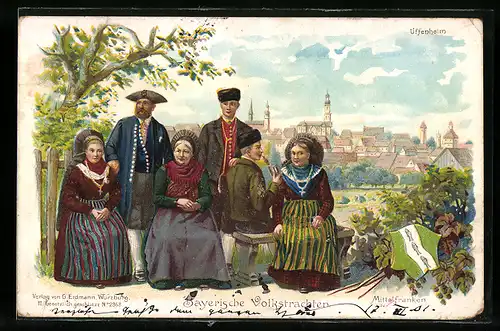 Lithographie 3 Frauen und 3 Männer in bayrischer Volkstracht aus Mittelfranken