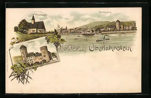Lithographie Oberlahnstein, Wenzelskapelle, Schloss, Flusspartie mit Damper