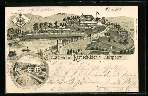 Lithographie Remscheid, Thalsperre und Mebusmühle