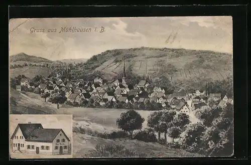 AK Mühlhausen i. B., Gasthaus von Jos. Reis, Ortsansicht aus der Vogelschau