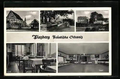 AK Pinzberg /Fränk. Schweiz, Hotel, Fremdenpension u. Restaurant Zur schönen Aussicht, Bes. Gg. Kern, Terrasse und Cafe