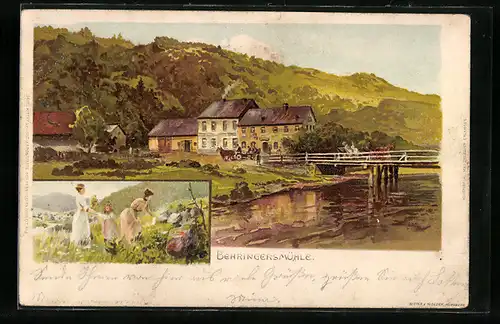 Lithographie Behringersmühle, Teilansicht, Frauen mit Kind auf einer Wiese