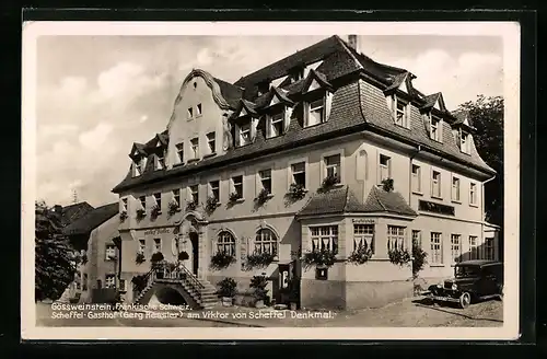 AK Gössweinstein /Fränk. Schweiz, Scheffel-Gasthof (Gerg. Hessler) am Viktor von Scheffel Denkmal