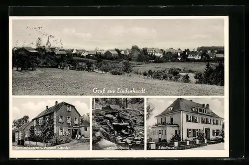 AK Lindenhardt, Gemischtwaren v. Wilhelm Altkofer, Rotmainquelle und Schulhaus