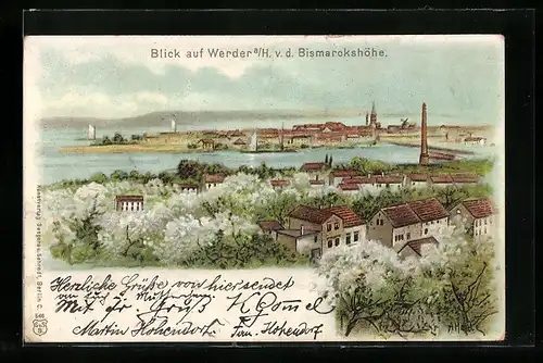 Lithographie Werder a. H., Blick von der Bismarckshöhe