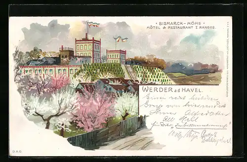 Lithographie Werder /Havel, Hotel-Restaurant Bismarckhöhe während der Baumblüte