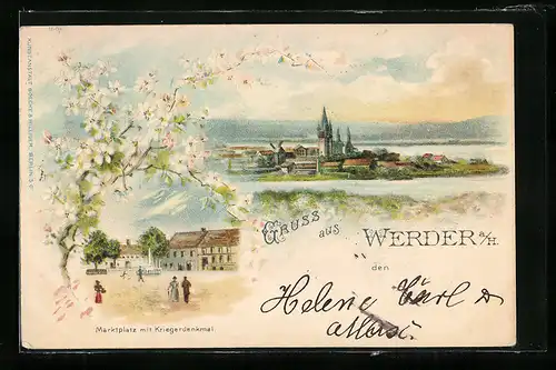 Lithographie Werder /Havel, Marktplatz mit Kriegerdenkmal, Ortsansicht