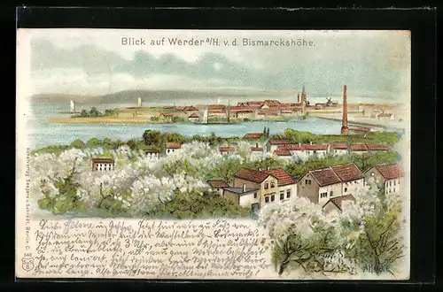 Lithographie Werder a. H., Blick von der Bismarckshöhe