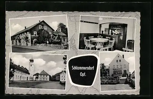 AK Schlammersdorf /Opf., Brauerei-Restaurant Püttner, Innenansicht, Strassenpartie mit Kirche