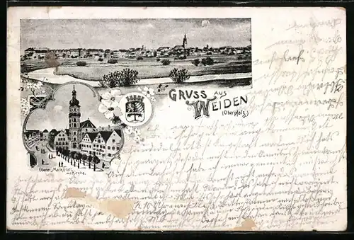 Lithographie Weiden /Opf., Oberer Marktplatz mit Kirche, Panorama und Wappen