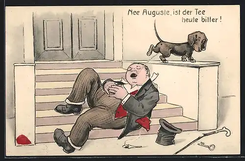 Künstler-AK Willi Scheuermann: Nee Auguste, ist der Tee heute bitter!, Hund pinkelt schlafendem Mann in den Mund