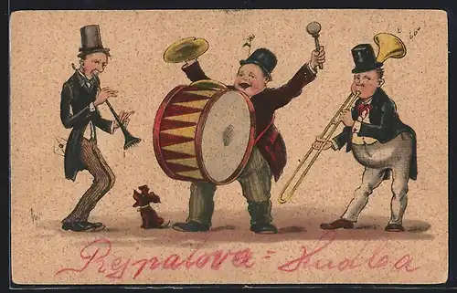 Künstler-AK Willi Scheuermann: Drei-Mann-Kapelle und Hund