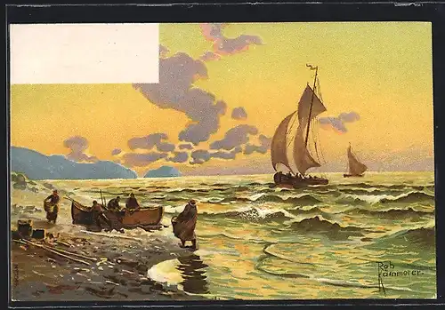Künstler-AK Robert Kämmerer: Segelboot auf dem Wasser im Sonnenaufgang