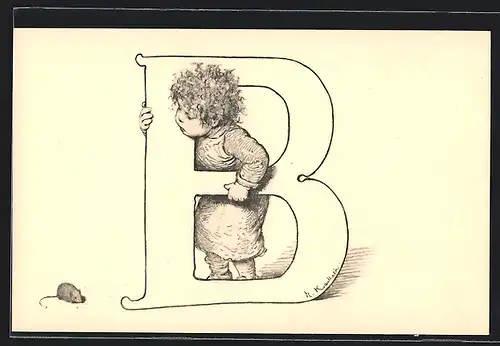 Künstler-AK Hermann Kaulbach: Kind schaut durch Buchstaben B auf eine Maus