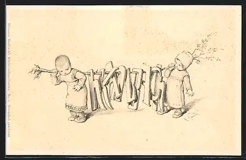 Künstler-AK Hermann Kaulbach: Kinder tragen Buchstaben auf einem Ast