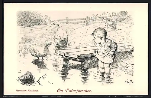 Künstler-AK Hermann Kaulbach: Ein Naturforscher, Kleinkind mit Gänsen im Bach