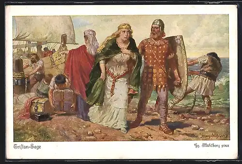 Künstler-AK Georg Mühlberg: Tristan-Sage, Kurwenal begleitet Holde zum todkranken Tristan