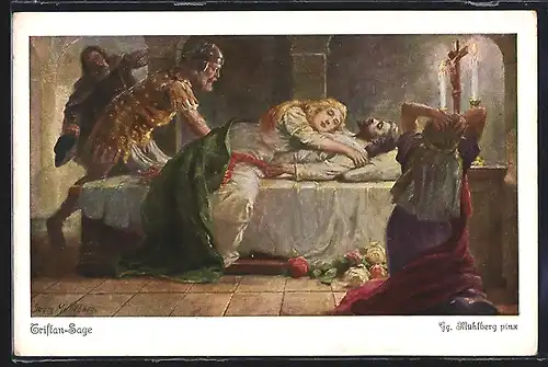Künstler-AK Georg Mühlberg: Tristan-Sage, Isolde stirbt an der Bahre Tristans