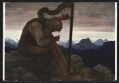 Künstler-AK Thomas Walch: Alpensymphonie, alter Mann spielt Harfe in den Alpen