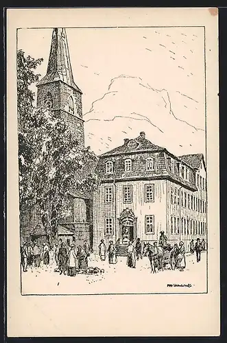 Künstler-AK Otto Ubbelohde: Hameln, Rathaus und Marktkirche am Pferdemarkt
