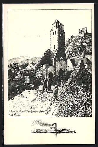 Künstler-AK Ulf Seidl: Dürnstein, Kunigundenkirche