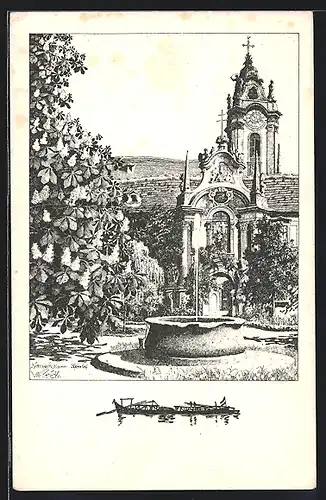 Künstler-AK Ulf Seidl: Dürnstein, Blick auf den Pfarrhof