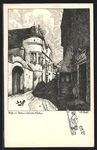 Künstler-AK Ulf Seidl: Wachau, Strasse und Rathaus in Dürnstein