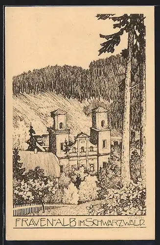 Künstler-AK Marxzell, Blick auf Kloster Frauenalb