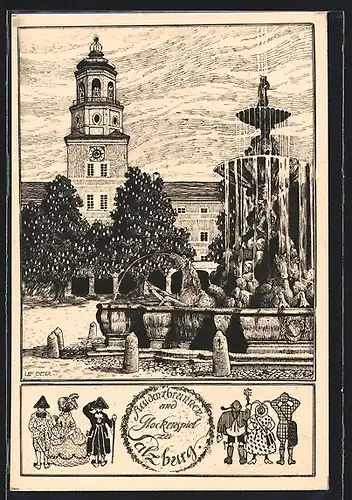 Künstler-AK Salzburg, am Residenzbrunnen und das Glockenspiel