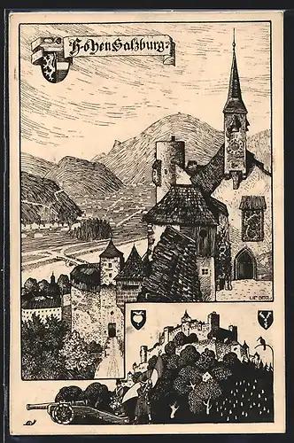 Künstler-AK Ulf Seidl: Salzburg, Ortsansicht und Festung Hohensalzburg