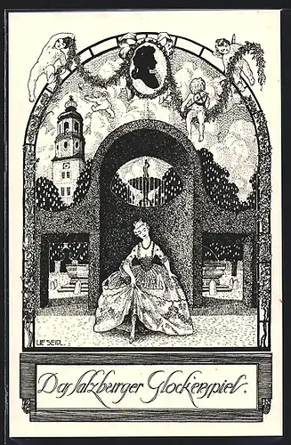 Künstler-AK Ulf Seidl: Salzburg, Das Glockenspiel, Dame im Kleid, Engel