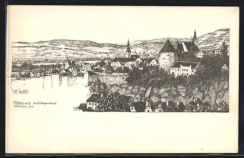 Künstler-AK Ulf Seidl: Wachau, Krems a. d. Donau, Im Hintergrund die Türme von Stein