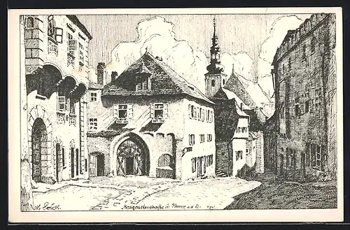Künstler-AK Ulf Seidl: Krems, Margarethenstrasse mit Kirchturm