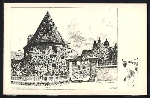 Künstler-AK Ulf Seidl: Melk a. d. Donau, Alter Verteidigungsturm