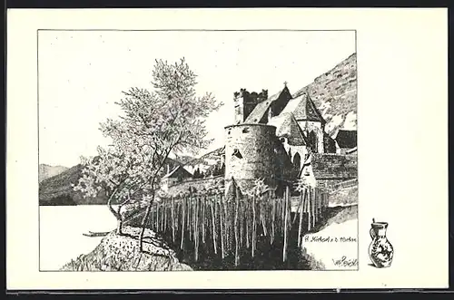 Künstler-AK Ulf Seidl: St. Michael a. d. Donau, Ortsansicht mit Kirche