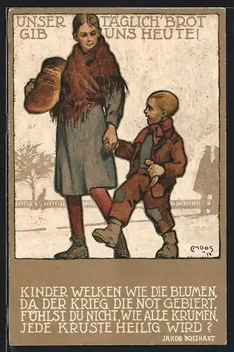 Künstler-AK Carl Moos: Mutter und Kind mit Laib Brot, Kriegsnot