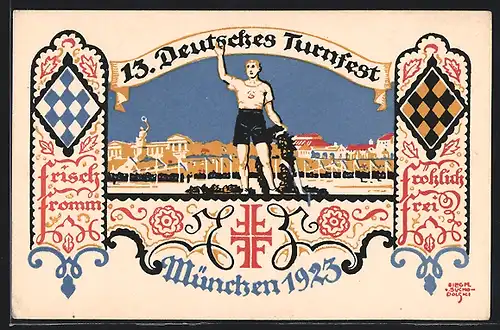Künstler-AK München, 13. Deutsches Turnfest 1923, Turner vor Stadtsilhouette