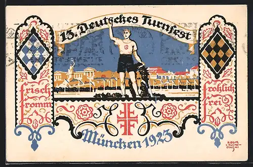 Künstler-AK München, 13. Deutsches Turnfest 1923, Turner vor Stadtsilhouette