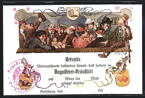 Künstler-AK Salzburg, Gasthaus Stieglkeller, Innenansicht, Urkunde