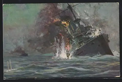 Künstler-AK Hans Rudolf Schulze: Deutsches U-Boot versenkt das englische Linienschiff Formidable