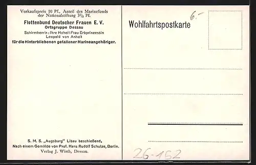 Künstler-AK Hans Rudolf Schulze: Libau, Kriegsschiff S. M. S. Augsburg die Stadt beschiessend