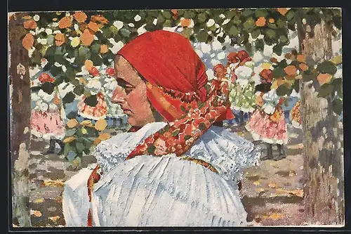 Künstler-AK Joza Uprka: Bäuerin in Tracht mit rotem Kopftuch