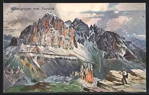 Künstler-AK Hans Treiber: Nuvolau, Tofanagruppe mit Bergsteiger