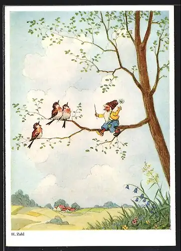 Künstler-AK H. Zahl: Zwerg und Rotkehlchenchor auf einem Baum