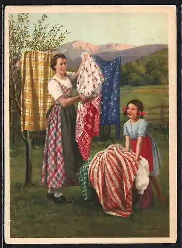 Künstler-AK Karl Maria Schuster: Reklame für mit Indanthren gefärbte Stoffe, Frau und Mädchen hängen Wäsche auf