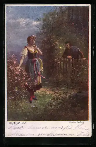 Künstler-AK Hans Zatzka: Junger Bursche vor dem Gartentor einer Frau mit Rosen im Haar