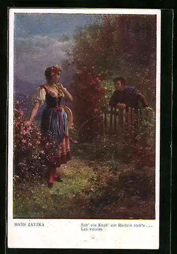 Künstler-AK Hans Zatzka: Junger Bursche vor dem Gartentor einer Frau mit Rosen im Haar